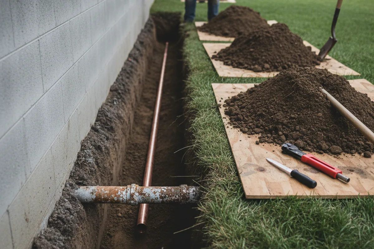 Excavated water line trench during Sewer Line Repair in Bolton